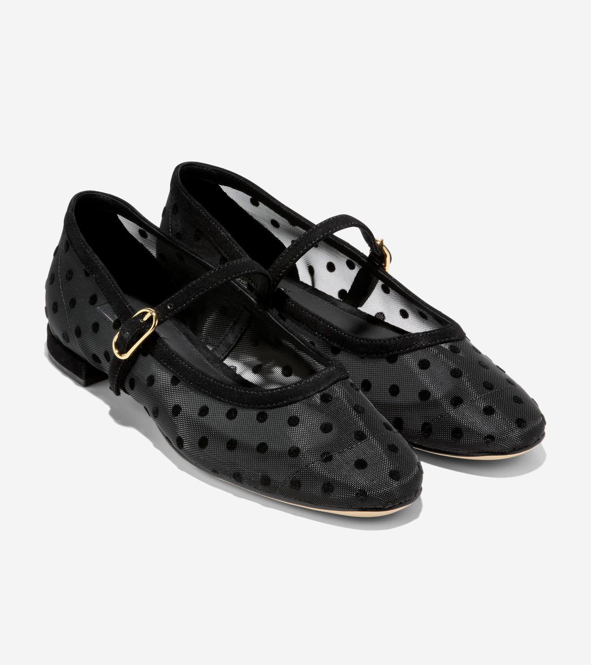 W37941:BLACK POLKA DOT MESH / BLACK SUEDE
