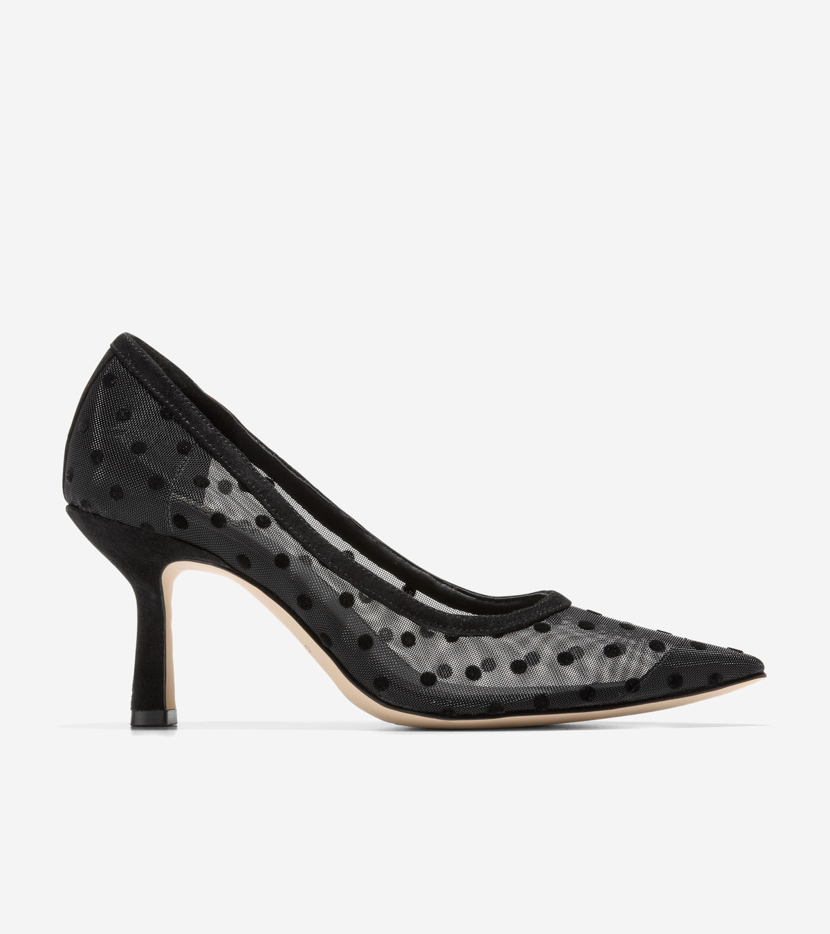 W37947:BLACK POLKA DOT MESH / BLACK SUEDE